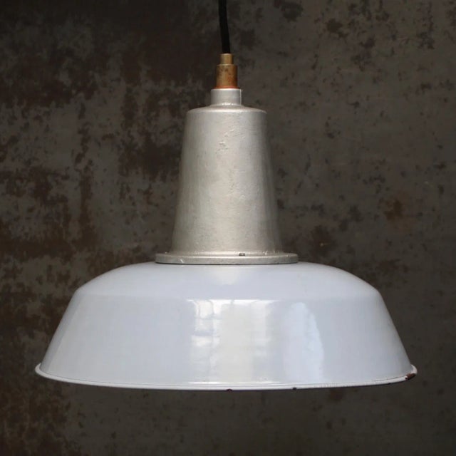 German vintage industrial pendant by arma grey enamel, white interior and alu top e27 / e26 this piece has an attribution...
