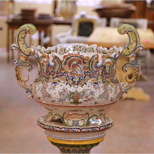 Early 20th Century French Desvres Faience Jardinière on Pedestal For Sale - Image 4 of 16