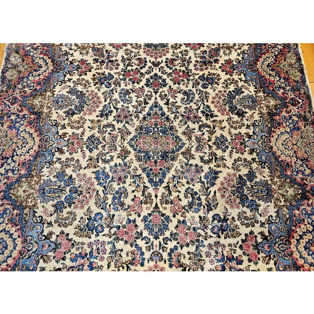 Vintage Persian Kerman Rug, Hand-Knotted Wool, Allover Floral Pattern, Ivory & Blue, 9x12 For Sale - Image 11 of 17
