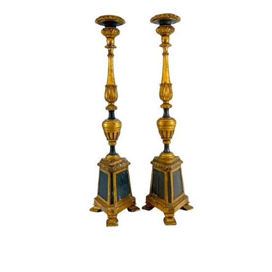 Pair of Tall Antique Victorian Gold Painted Wooden Candle Holders