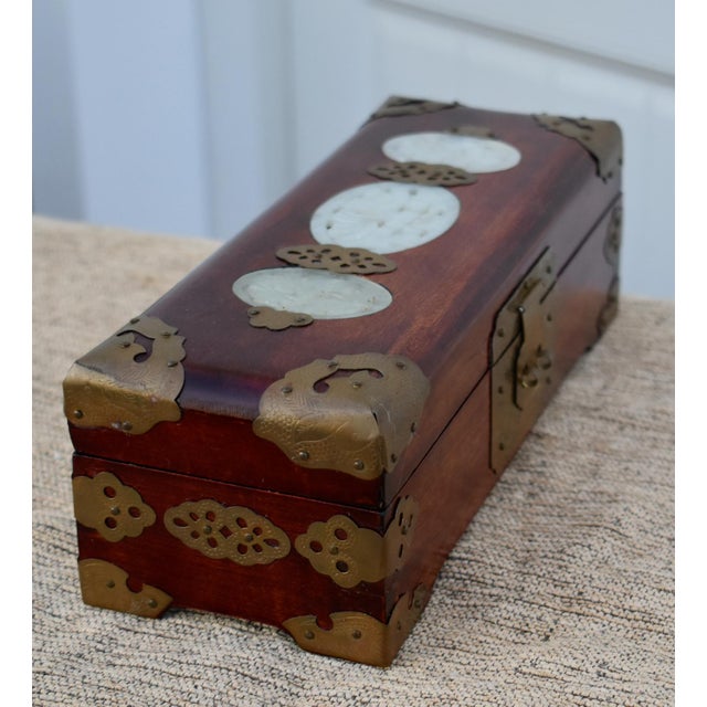 Brown Vintage Chinese Rectangular Jewelry Box W/Carved Stone & Brass Mounts For Sale - Image 8 of 12