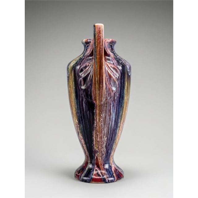 Large French Art Deco Polychrome Flambé Glazed Ceramic Vase with Handles from Elgé, 1940s For Sale - Image 6 of 8