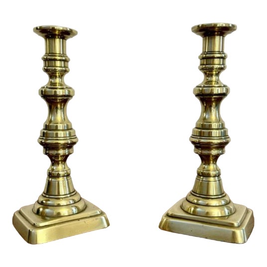 Large Antique Victorian Brass Candlesticks, 1860, Set of 2 For Sale