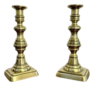 Large Antique Victorian Brass Candlesticks, 1860, Set of 2