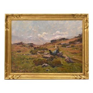 Clovis Frédérick Terraire, Landscape with Young Shepherdess, 20th Century, Oil Painting on Canvas, Framed For Sale