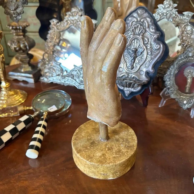 1930s Hand-Painted School Study Plaster Hand on a Faux Marble Painted Wood Base For Sale - Image 10 of 11