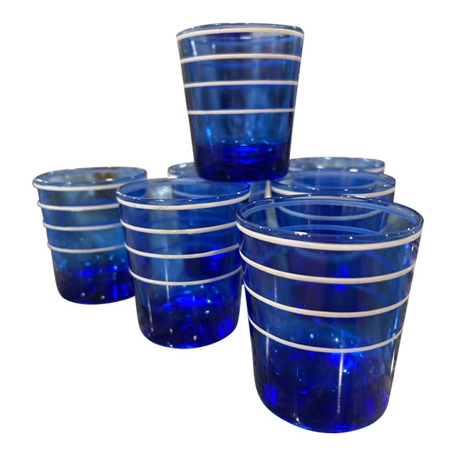 1950s Hazel Atlas Low Ball Cobalt Blue Tumblers With White Rings - Set of 7 For Sale