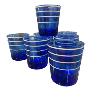 1950s Hazel Atlas Low Ball Cobalt Blue Tumblers With White Rings - Set of 7