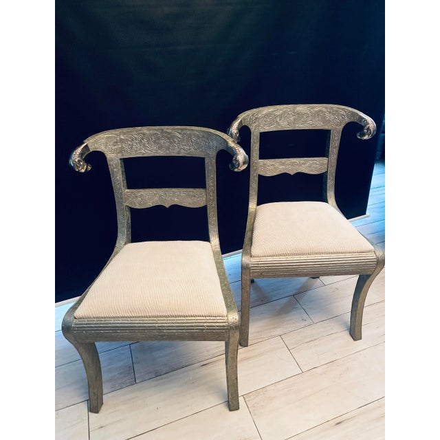 Pair of Neoclassical Side Chairs, Wrapped in Metal With Pewter Rams Heads,Gustavian For Sale - Image 11 of 13