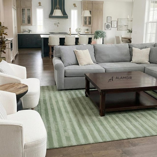 Textile Pistachio Lines Handtufted Newzealand Wool Rug For Sale - Image 7 of 9