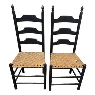 Vintage Primitive Ladder Back Chairs With Handwoven Rush Seats – Pair For Sale