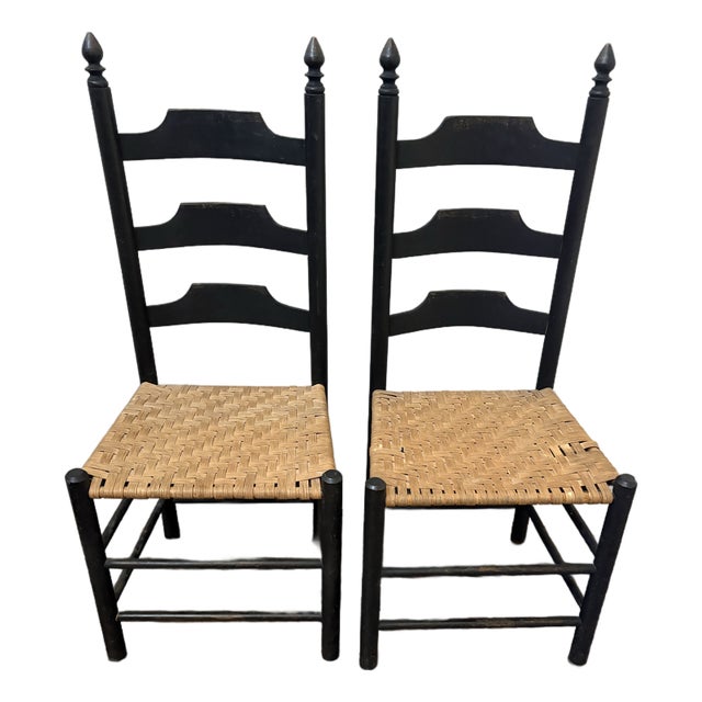 Vintage Primitive Ladder Back Chairs With Handwoven Rush Seats – Pair For Sale