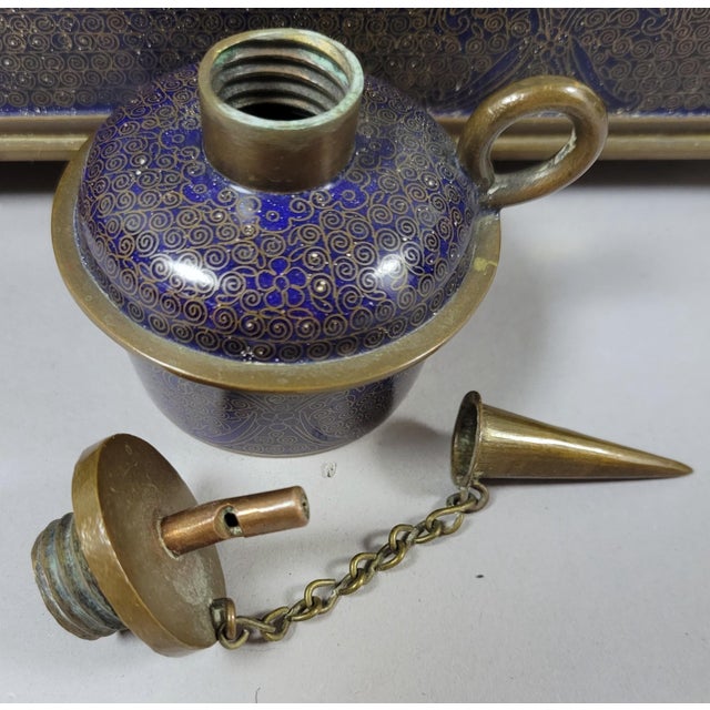 Late 19th Century Chinese Qing Cloisonné Opium Tray With Original Burner, Foo Dog Covers & Six Dishes For Sale In Raleigh - Image 6 of 11