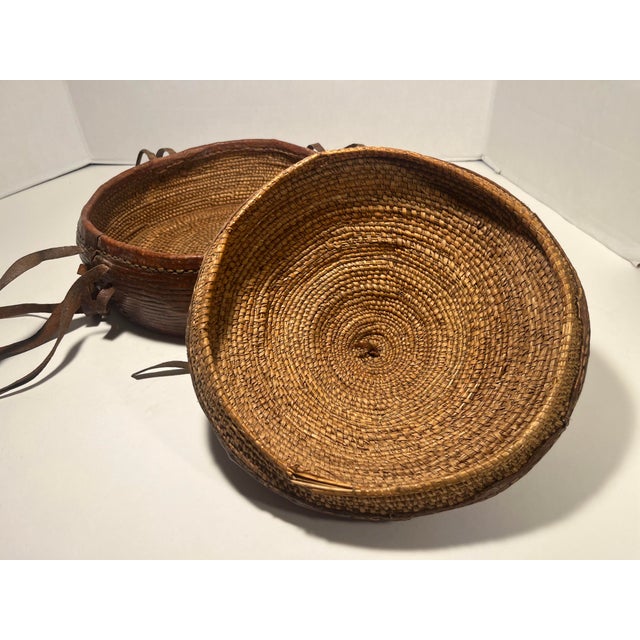 Brown Antique Ethiopian Agelgil Woven Rattan & Leather Covered Basket 10" Diameter For Sale - Image 8 of 11