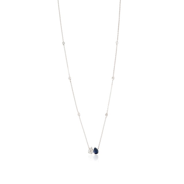 Gemstone Toi Et Moi Pear Cut Blue Sapphire & Diamond Pendant Necklace in 14k White Gold For Sale - Image 7 of 15