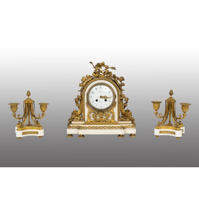 Metal Antique 19th Century Napoleon III Triptych Clock in Gilded bronze and White Statuary Marble, Set of 3 For Sale - Image 7 of 7