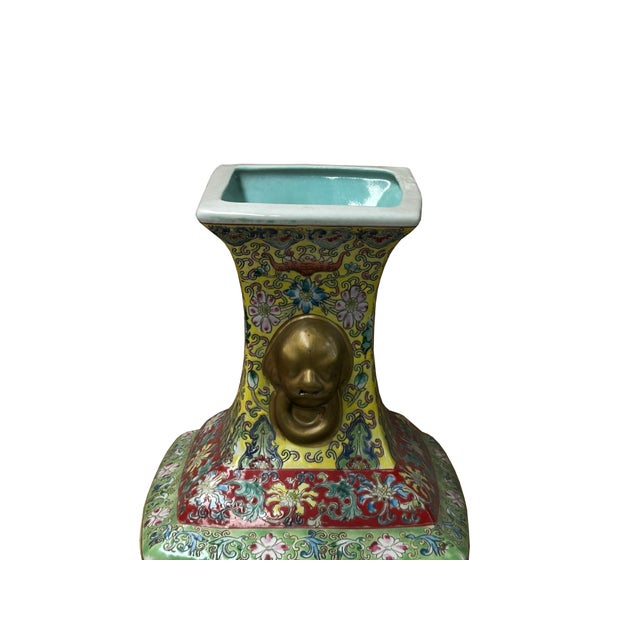 Ceramic Chinese Yellow Base Canton Famille Mille Fleurs Porcelain Vase For Sale - Image 7 of 14