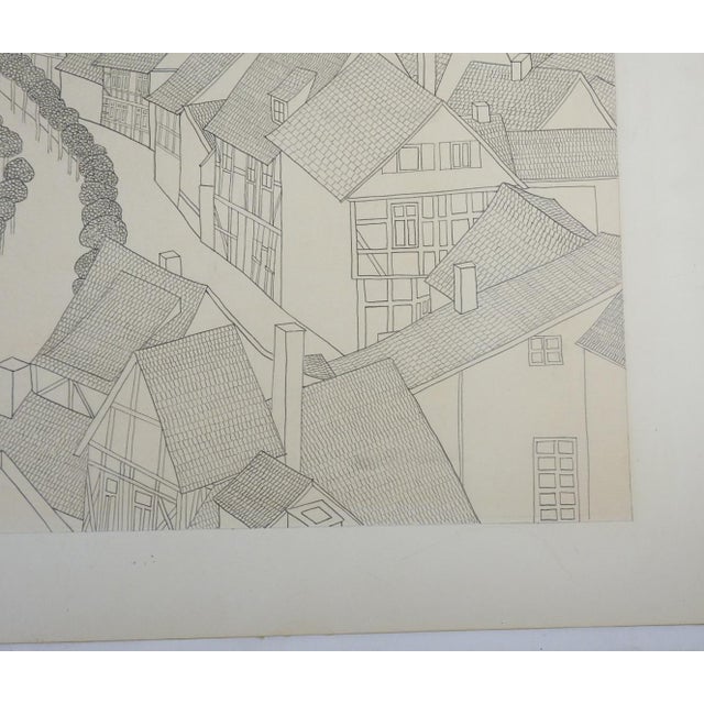 Vintage late 20th century pen and ink on heavy paper drawing of modernist cityscape. Signed Linda Loomis on verso....