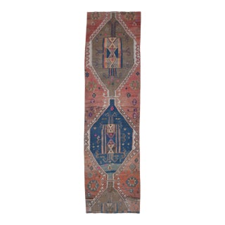 1970s Vintage Handwoven Turkish Runner - Terracotta & Teal Medallion Rug For Sale