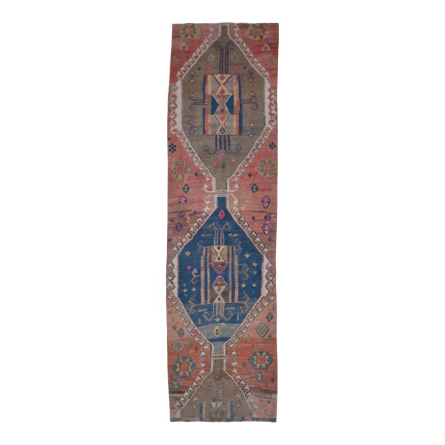 1970s Vintage Handwoven Turkish Runner - Terracotta & Teal Medallion Rug For Sale