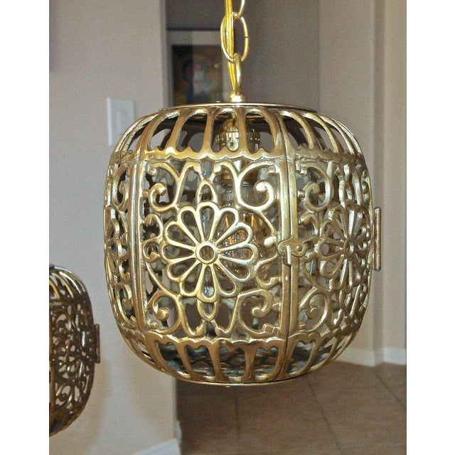 1950s Hollywood Regency Trio Pierced Brass Asian Ceiling Pendant Lights - Set of 3 For Sale - Image 9 of 12