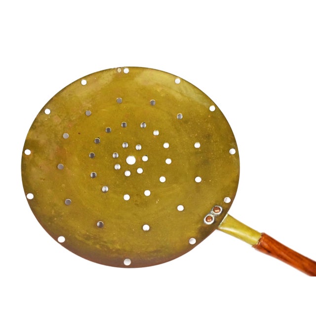 Farmhouse Vintage Mid 20th Century Large Gold Brass Round Skimmer With Wooden Handle For Sale - Image 3 of 6