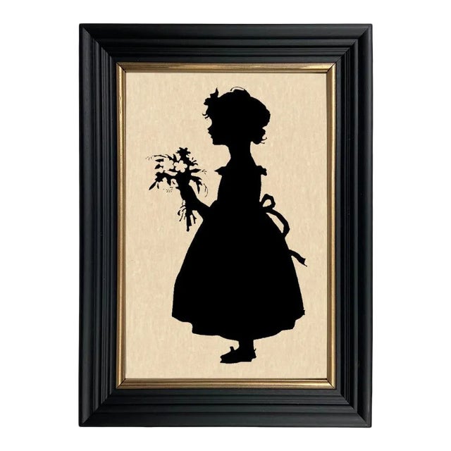 "Girl With Flowers" Contemporary Paper Cut Silhouette, Framed For Sale