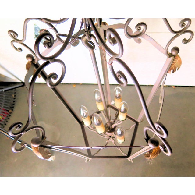 French Monumental French Style Mid-Century Wrought Iron 5 Light Lantern/Chandelier For Sale - Image 3 of 5