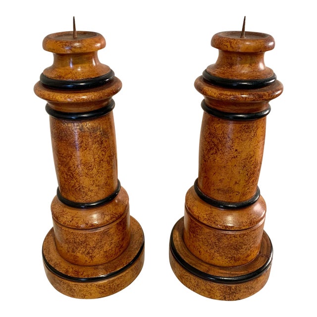 Mid 20th Century Faux Burlwood and Ebonized Candleholders - a Pair For Sale