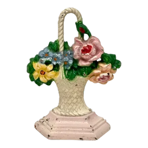 Hard to Find Vintage 1930s Hubley Model #152 Basket of Flowers Cast Iron Doorstop in Nice Condition