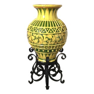 Large Yellow Tin Glazed Earthen Ware Pot on Stand For Sale