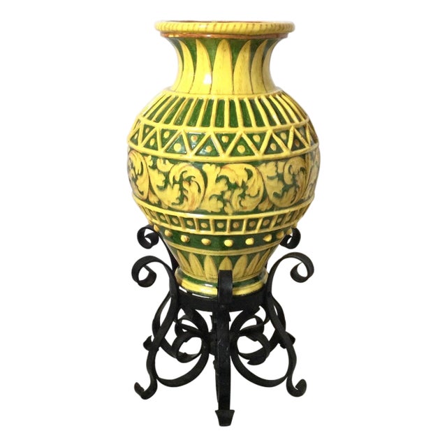 Large Yellow Tin Glazed Earthen Ware Pot on Stand For Sale