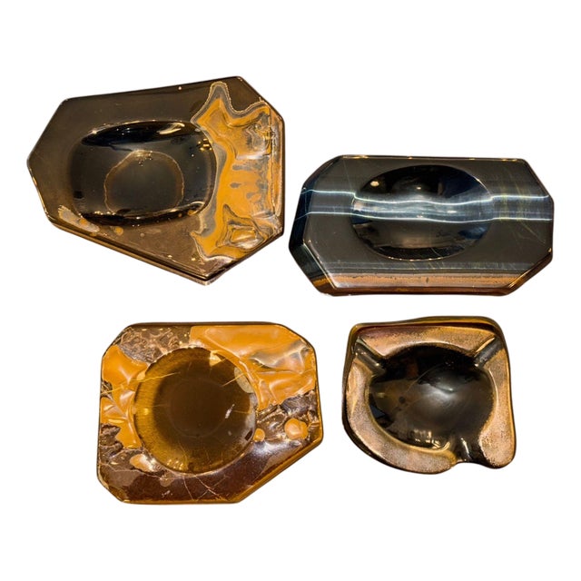 Set of Four Mid-Century Italian Carved Tiger Eye Stone Catchall Trays. For Sale