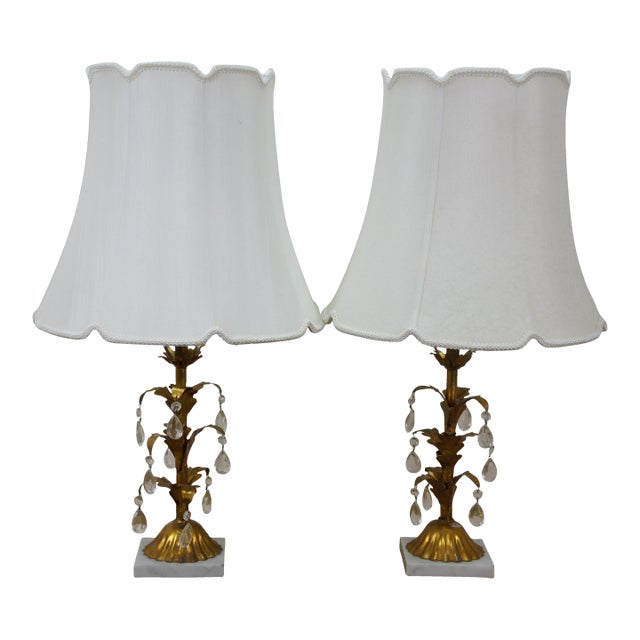Mid 20th Century Italian Mid Century Hollywood Regency Florentine Gilt Tole Drop Crystal Lamps For Sale