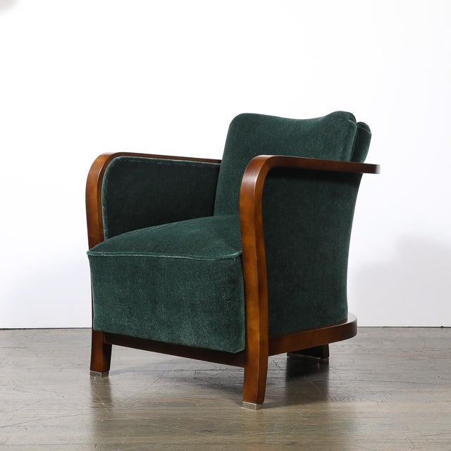 Pair of Art Deco Walnut Armchairs in Eucalyptus Mohair Velvet W/ Nickel Sabots For Sale - Image 17 of 18
