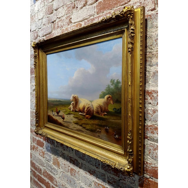 Franz Van Severdonck -Sheep & Chickens Resting in a Landscape-19th Century Oil Painting For Sale - Image 9 of 12
