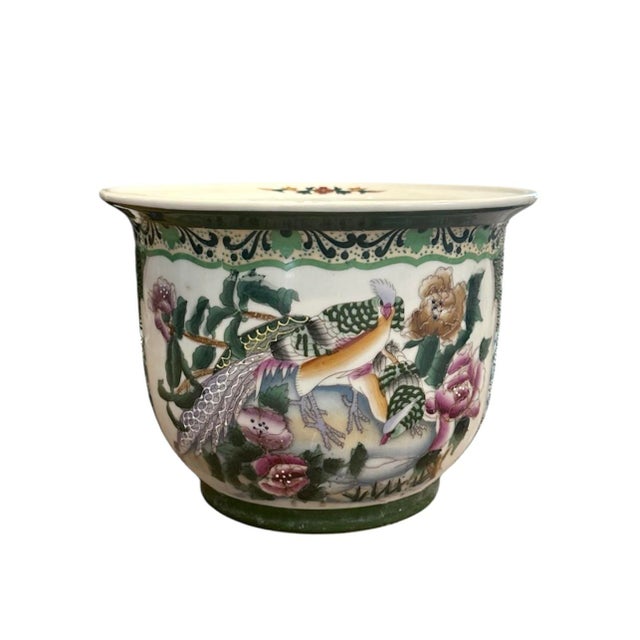 Chinoiserie Vintage Chinese Chinoiserie Hand Painted Famille Rose Cachepot / Cache Pot / Jardinere/ Fishbowl Planter With Peacock Motif and Moriage Beading For Sale - Image 3 of 11
