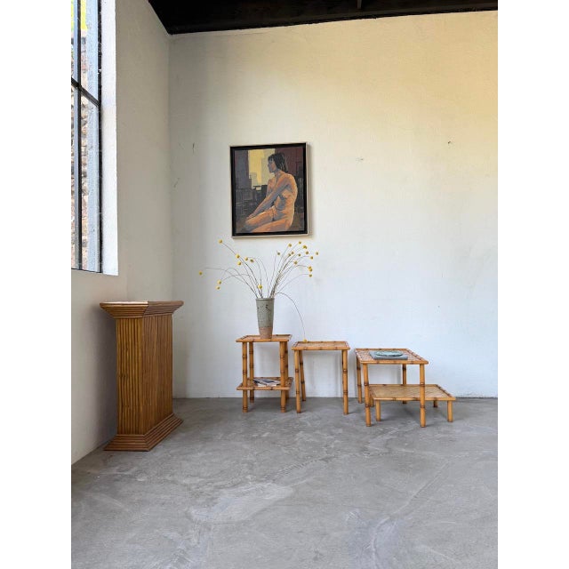 Set of woven rattan and wicker coffee tables and nesting tables from the 1970s. we love their elegant aesthetic, with...