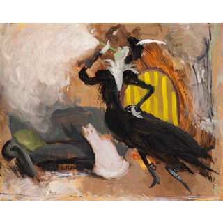 Smoking Lady by Nadezda | Oil on panel Woman in black dress smoking with a cat nearby. For Sale