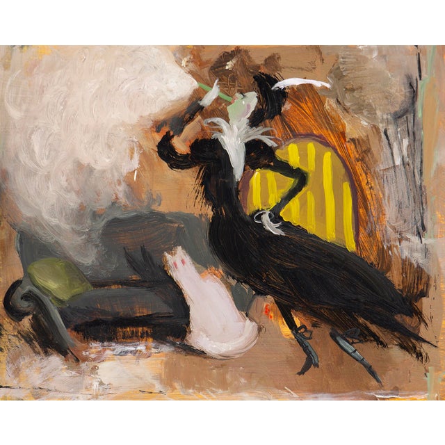 Smoking Lady by Nadezda | Oil on panel Woman in black dress smoking with a cat nearby. For Sale