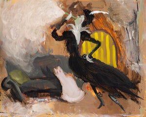 Smoking Lady by Nadezda | Oil on panel Woman in black dress smoking with a cat nearby.