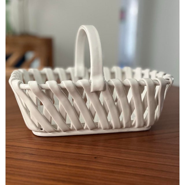 Mid-Century Vintage Italian Woven Ceramic Handled Basket For Sale - Image 4 of 9