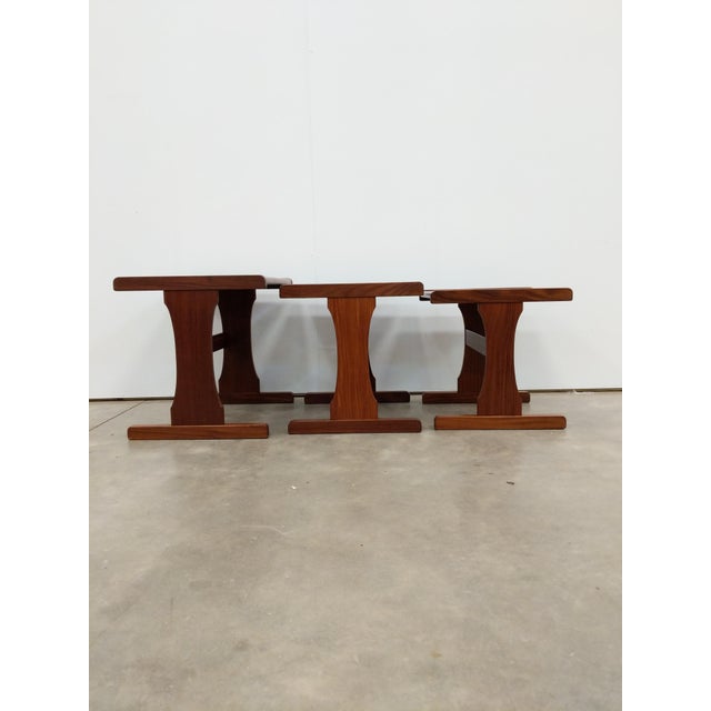 Set of 3 authentic vintage mid century modern teak nesting tables. Copper top tables by G Plan. Maker's label on bottom....