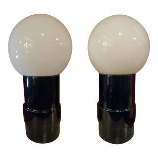 Pair 1970's Modern Design Lamps, White Glass Ball Shades, Black Ceramic Bases For Sale