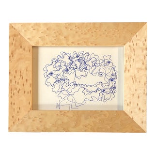 1980’s Original Small Wayne Cunningham Abstract Blue Ink Drawing Burled Wood Frame Signed For Sale