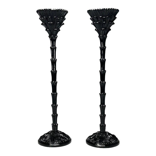 Serge Roche Style, Mid-Century Modern, Palm Leaf Floor Lamps, Black Lacquer For Sale
