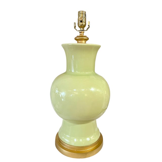 Light Green Late 20th Century Celadon Green Baluster Form Ceramic Lamp With Gold Base For Sale - Image 8 of 12