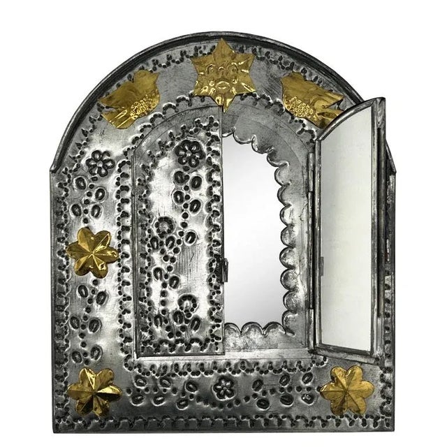 Mexican Late 20th Century Handcrafted Mexican Tin Mirror With Opening Doors Folk Art From Santa Fe For Sale - Image 3 of 9