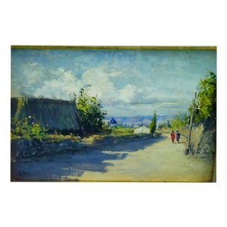 G. Pesa, Rural Landscape with Figures, 20th Century, Oil Painting on Panel, Framed For Sale