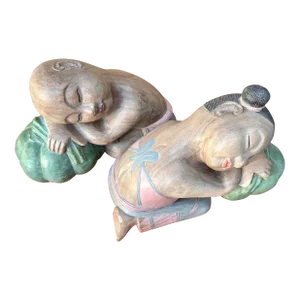 Large Vintage Asian Carved Wood Sculptures of Good Luck Children Sleeping on Melons